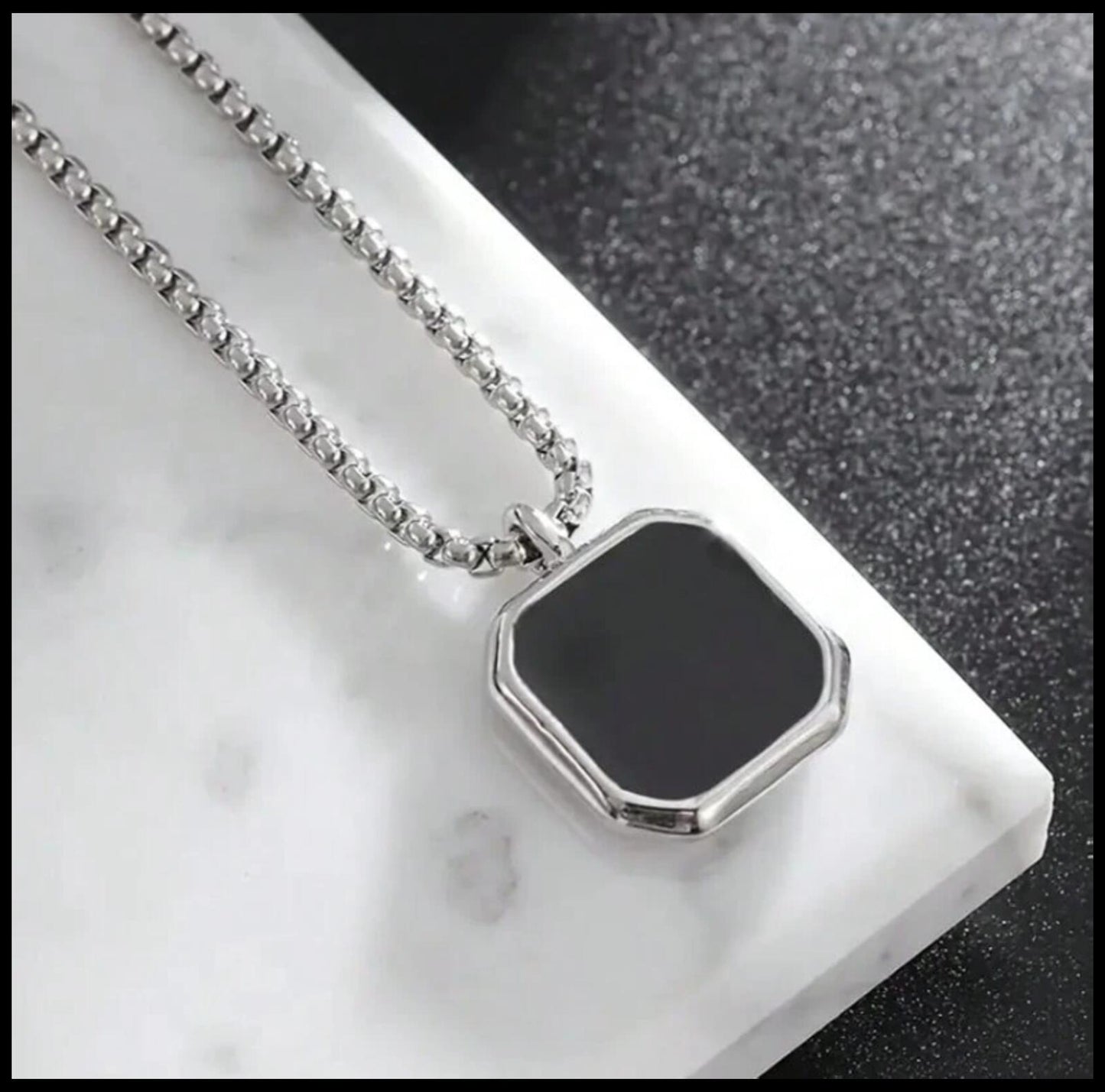 Black enamel cube - Necklace - Stainless Steel - 24"