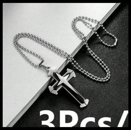Double layer silver and gray 2" cross - Necklace - Stainless Steel - 24"