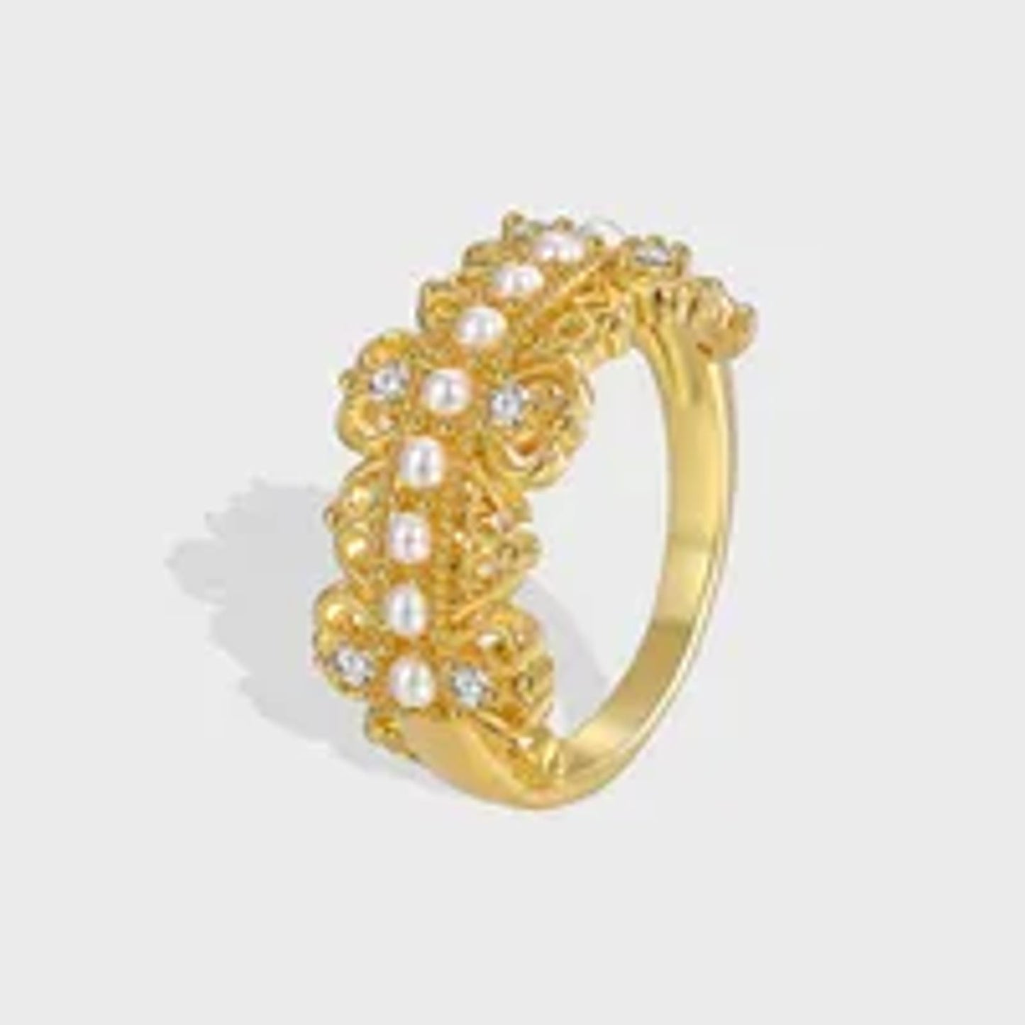 Filigree and pearl band - Ring - Gold - CZs - Size 6