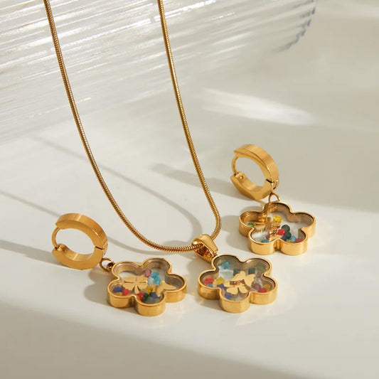 Lucky flower shake - Necklace/Earring set - Gold - CZs - 18"