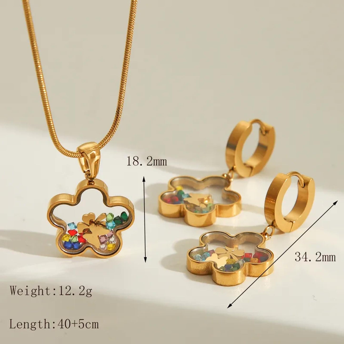 Lucky flower shake - Necklace/Earring set - Gold - CZs - 18"