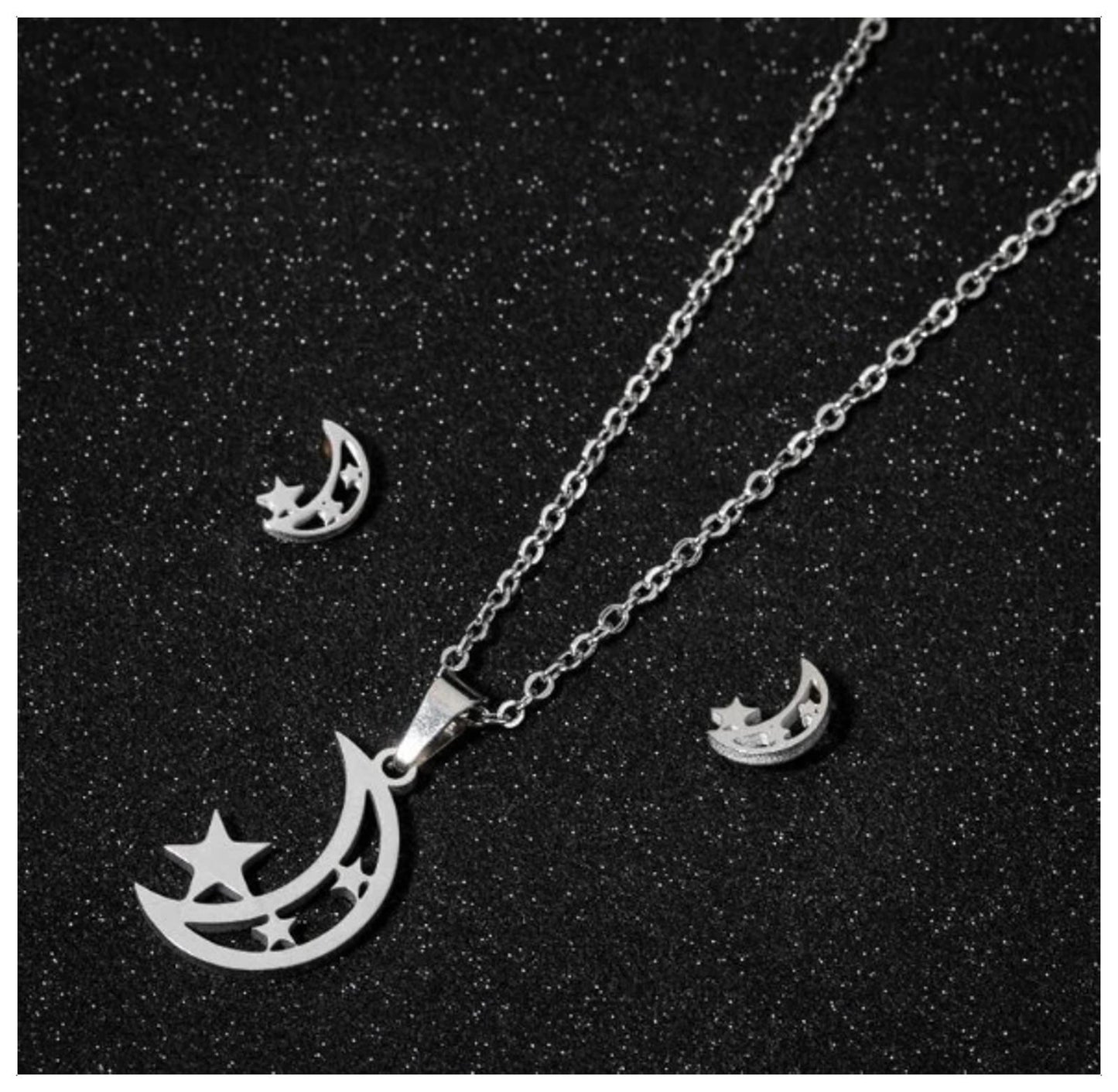Crescent moon and stars - Necklace/Earring set - Stainless Steel - 18"