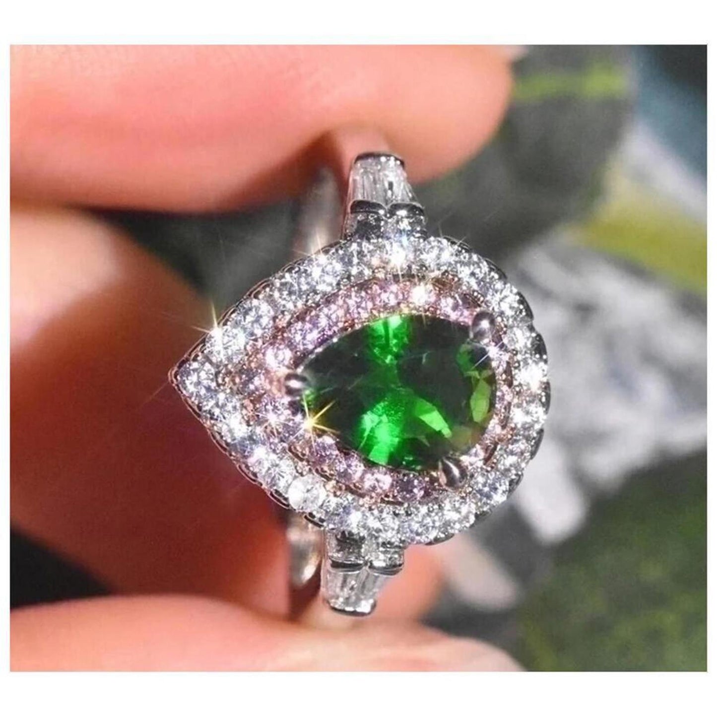 Green and pink double halo ring - silver - CZs size 8