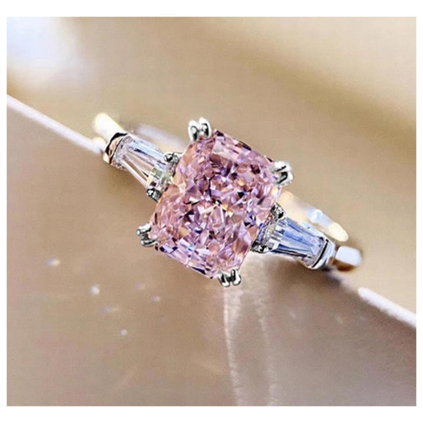 Pink Ring - Radiant cut - silver - CZs - Size 8
