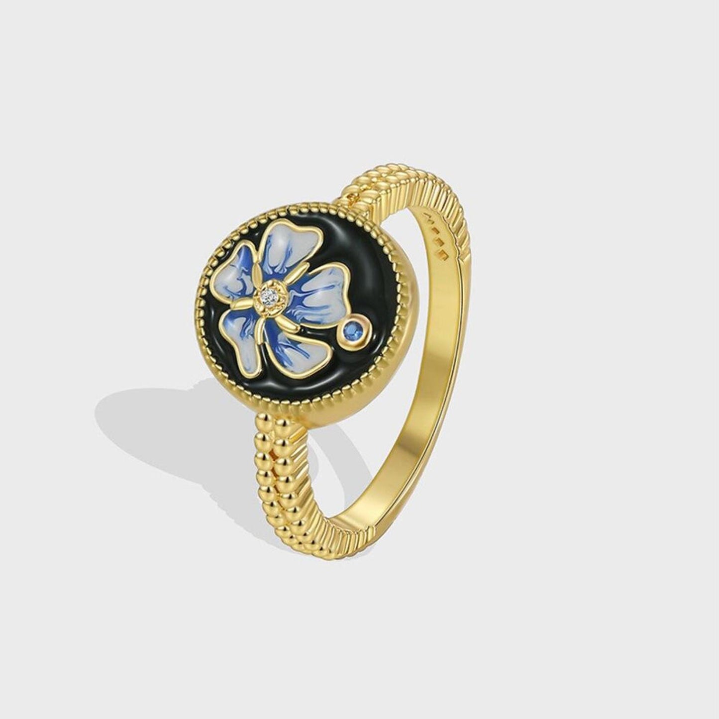 Black flower enamel ring - Gold - size 6