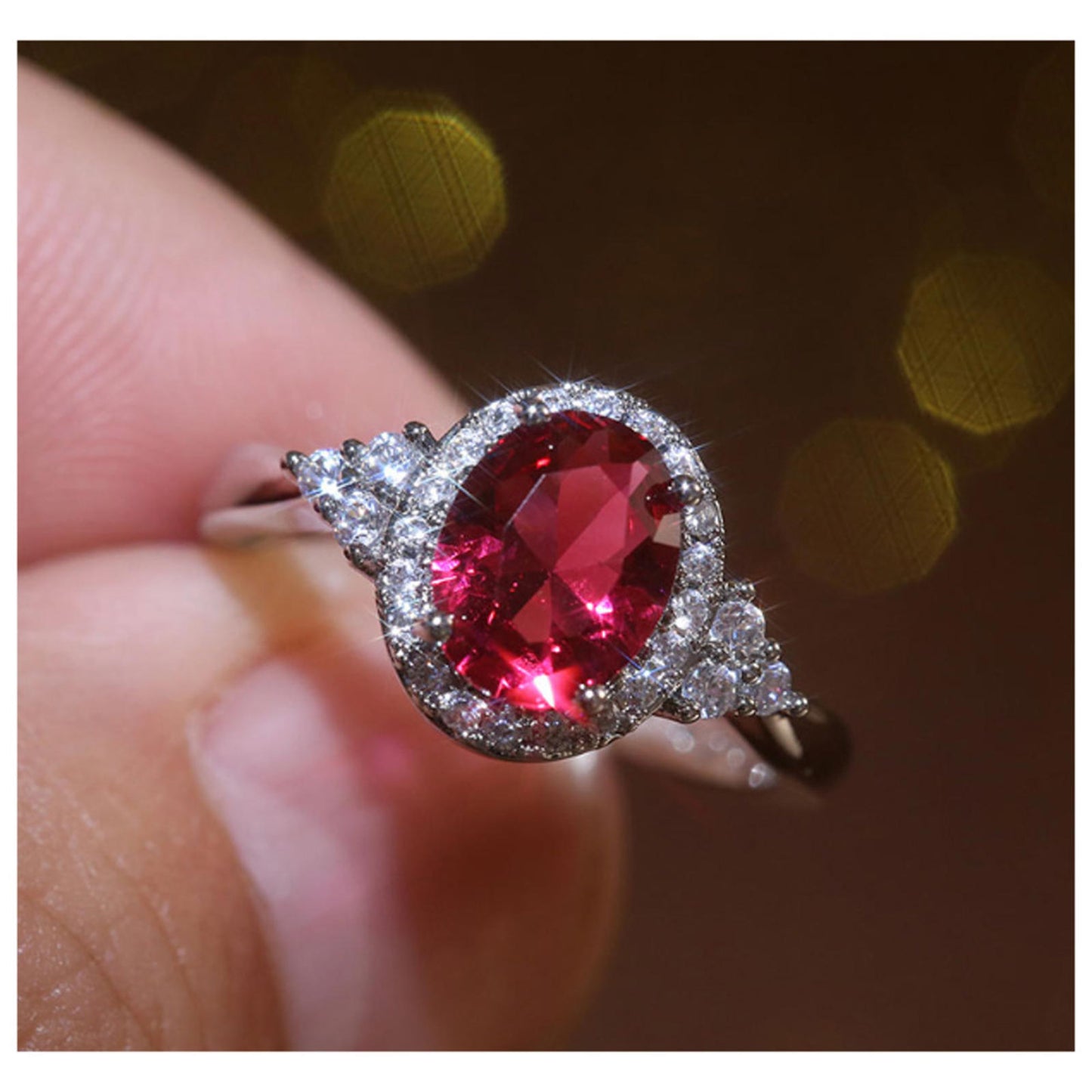 Red Oval ring - silver - CZs- Size 6.