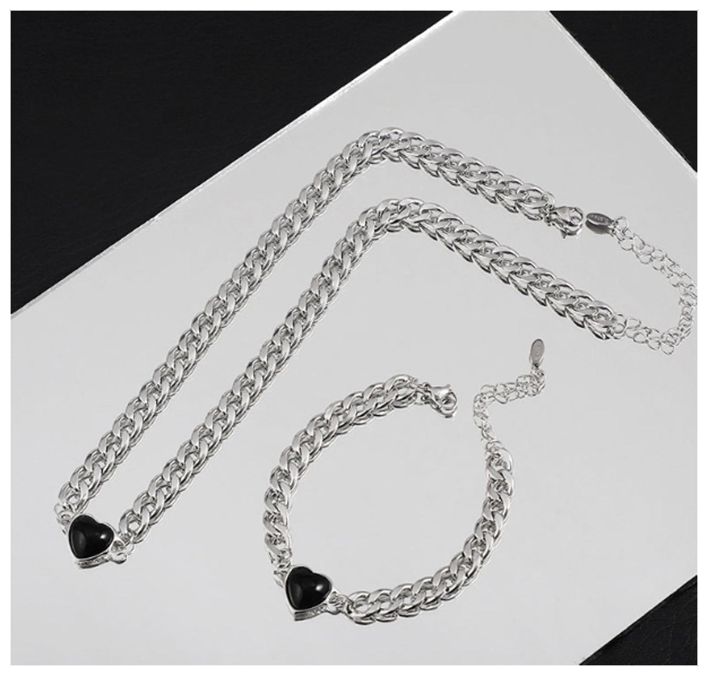 Black Heart Bracelet - Titanium Steel- CZs - 7-9"