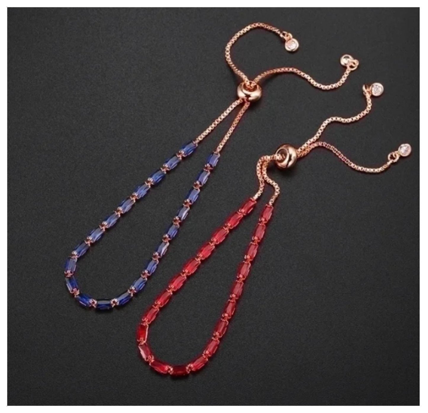 Sapphire blue baguette tennis - Bracelet - Rose Gold - CZs - adjustable