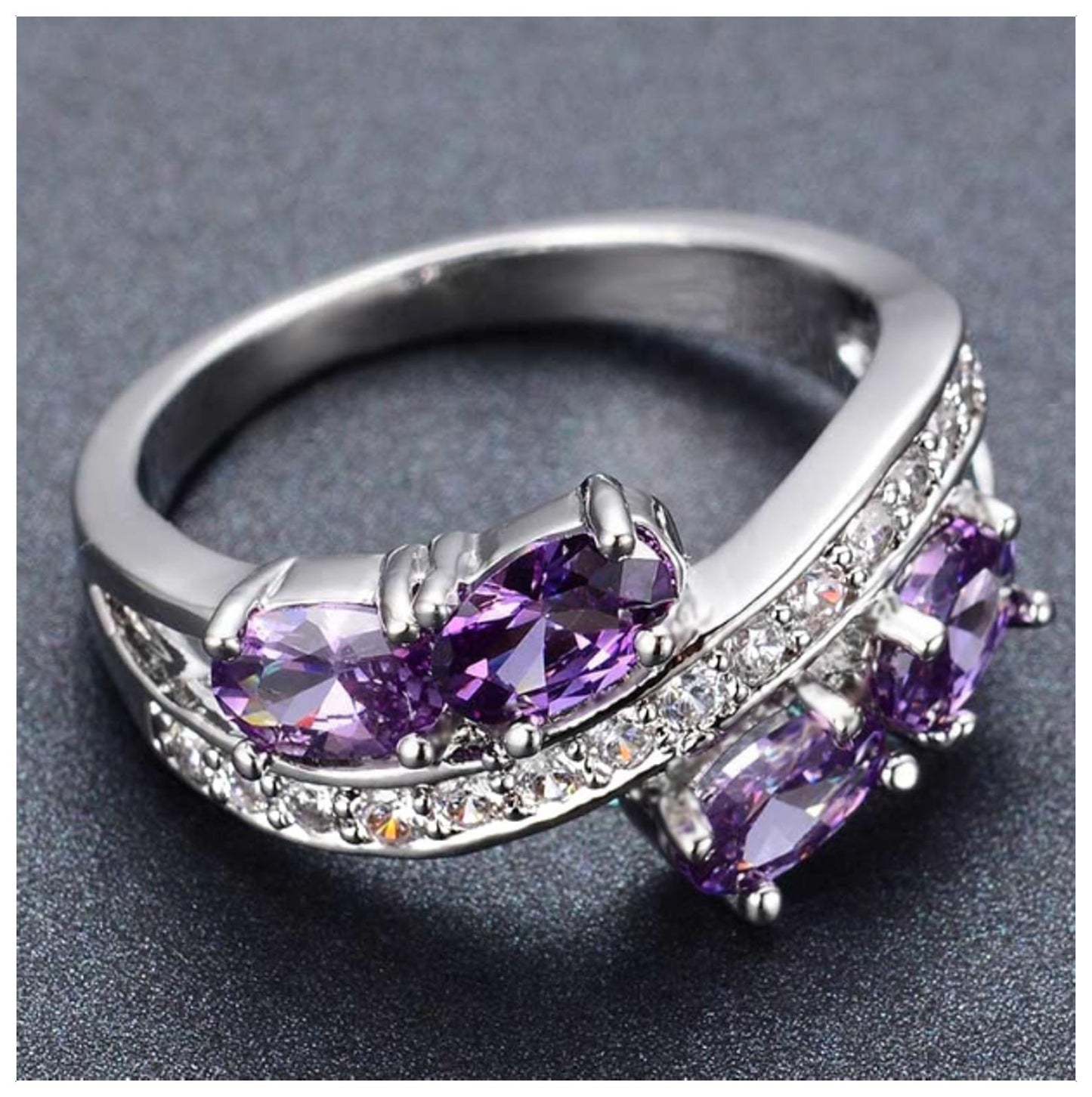 Purple bypass Ring - Silver - CZs - Size 6