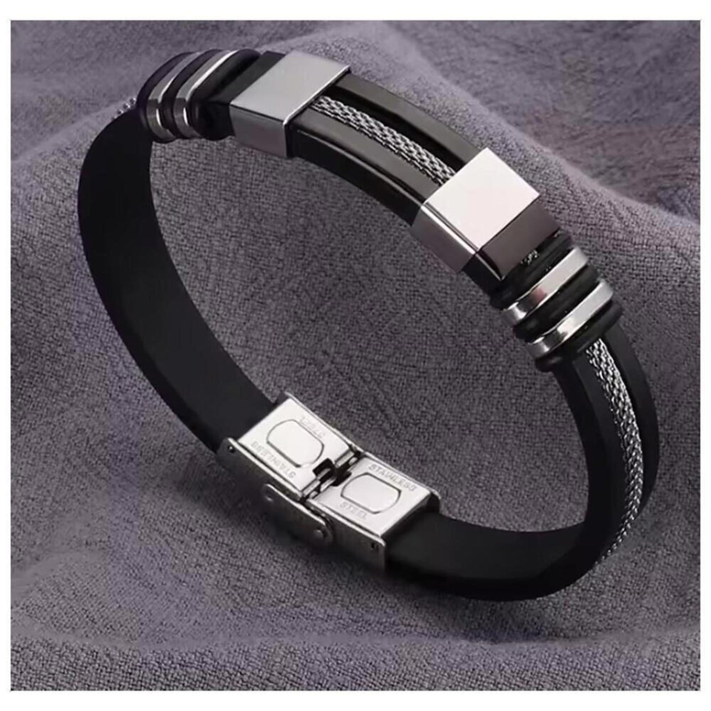 Black and silicone bracelet - stainless steel - 8 1/2"