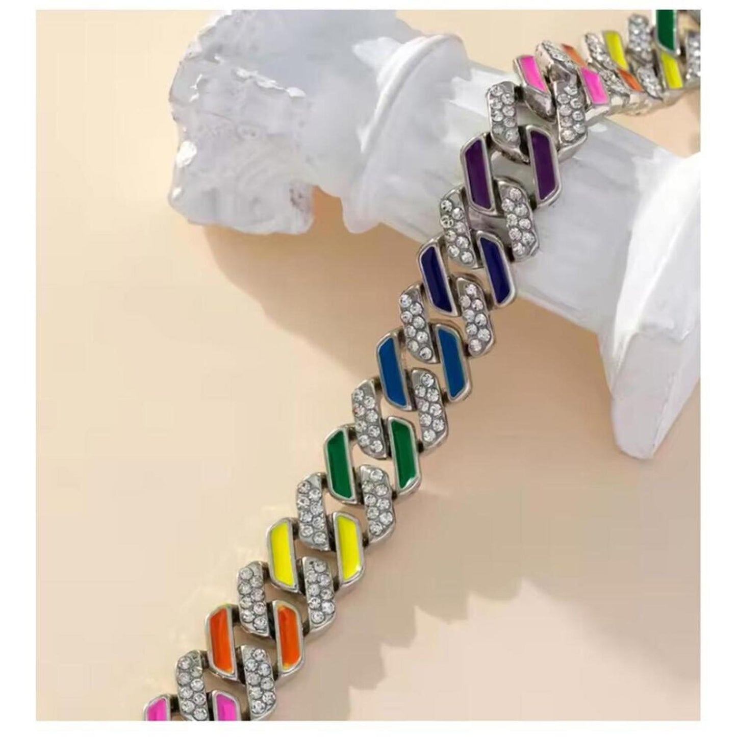 Rainbow cuban necklace - silver - CZs - 20".