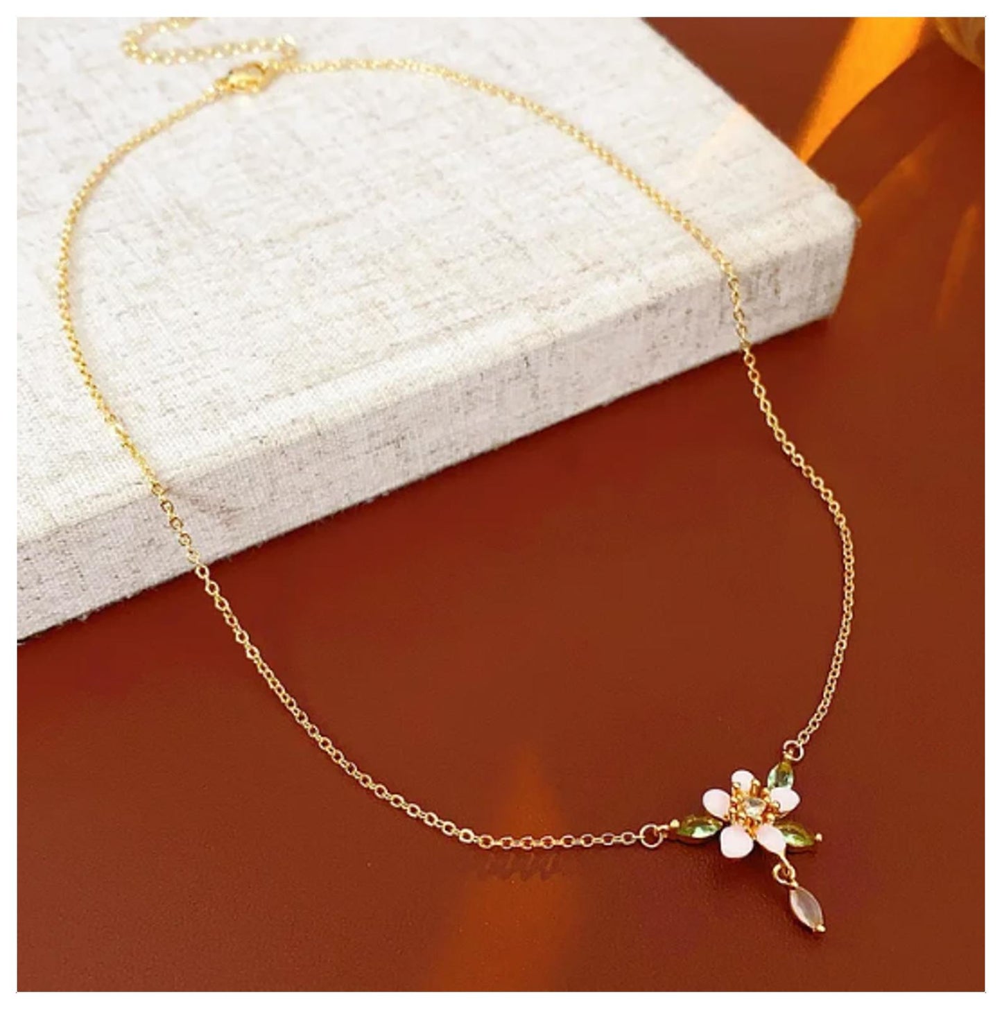 White and green flower - Necklace/Earring/Bracelet set - Gold - CZs - 18"