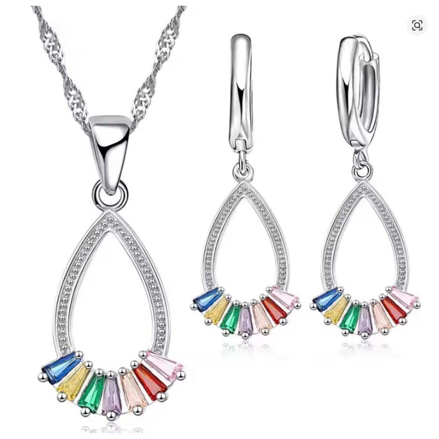 Multi color baguette pendant necklace - silver - CZs - 18"