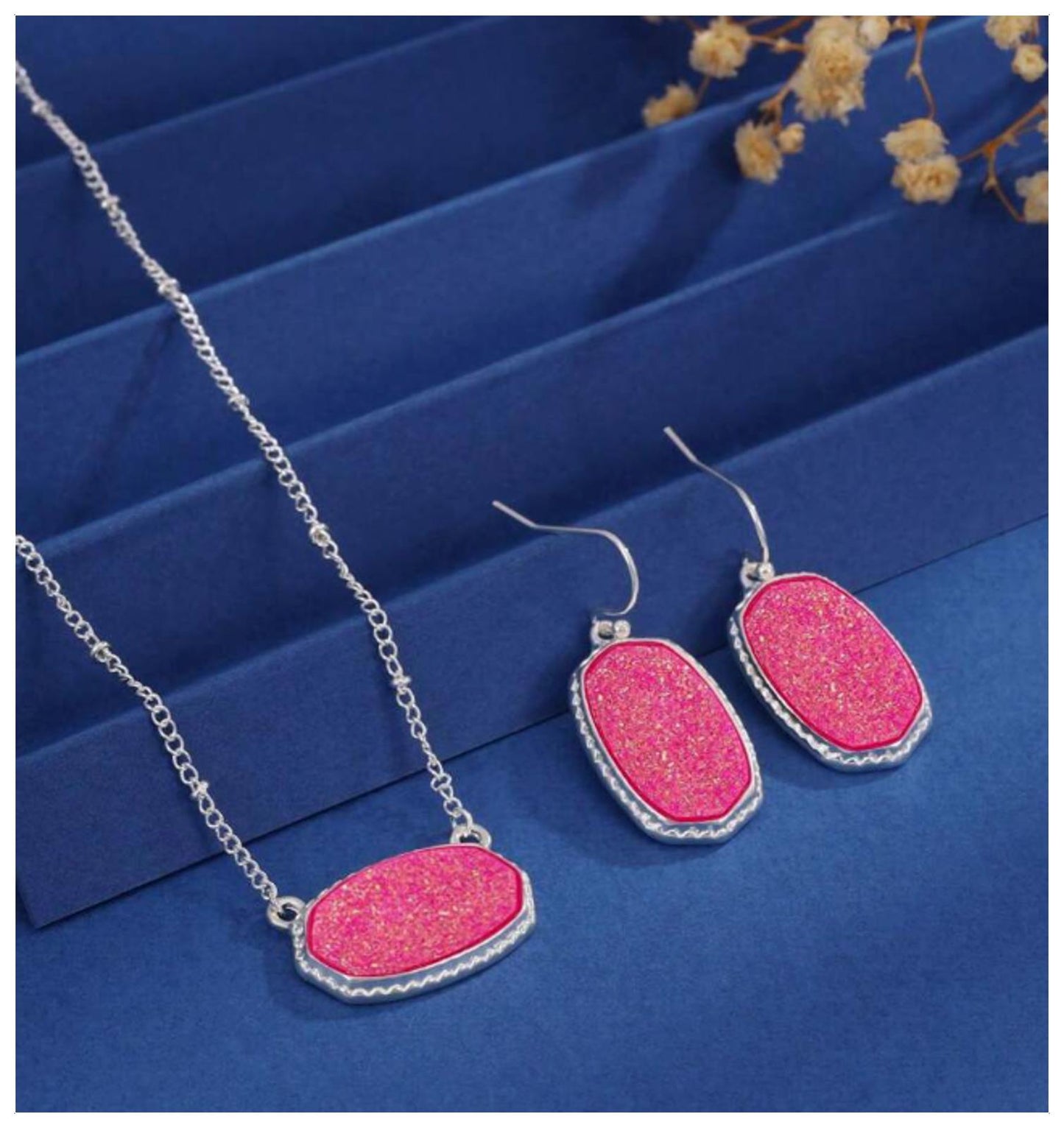 Pink glitter stone - Necklace/Earring set - Silver - CZs - 19"