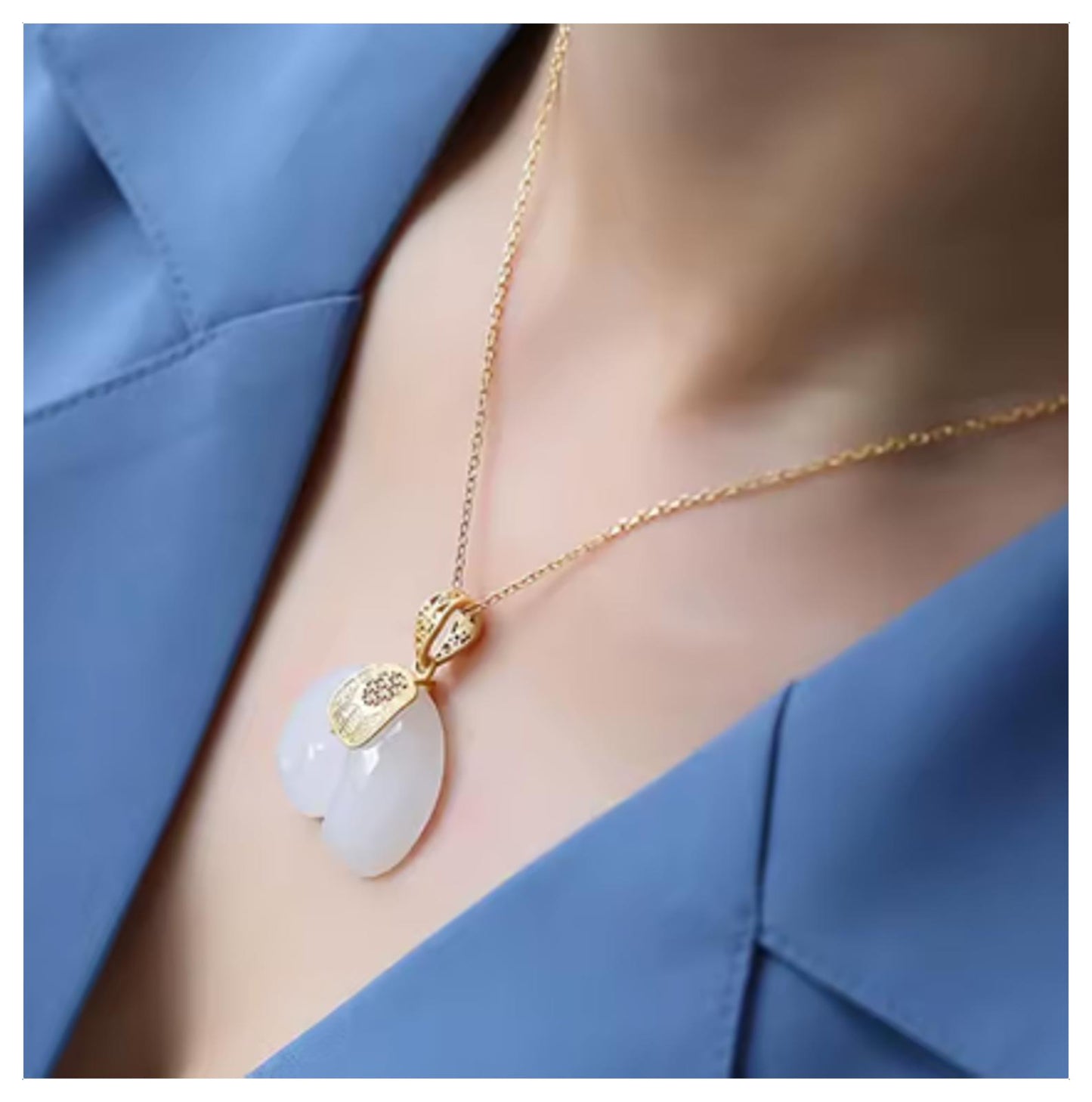 Natural white jade - Necklace - Gold - 18"