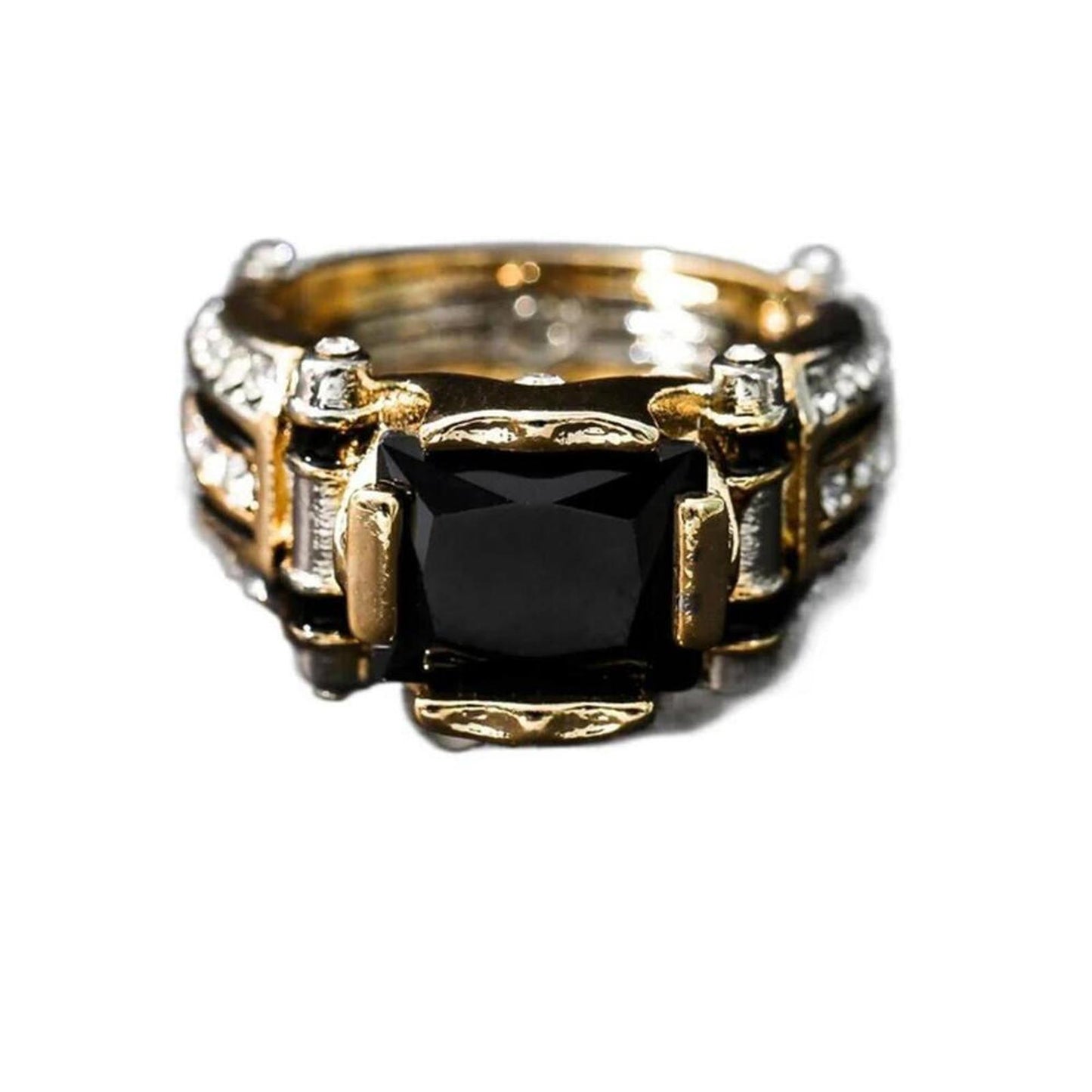 Black vintage style ring - gold and silver - CZs - size 8.
