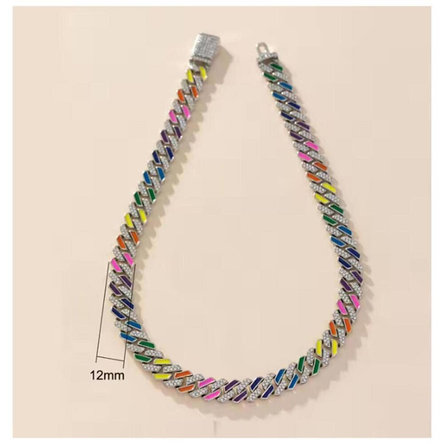 Rainbow cuban necklace - silver - CZs - 20".