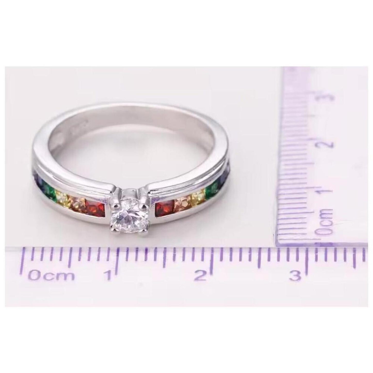 Rainbow engagement ring - silver - CZs - size 8.