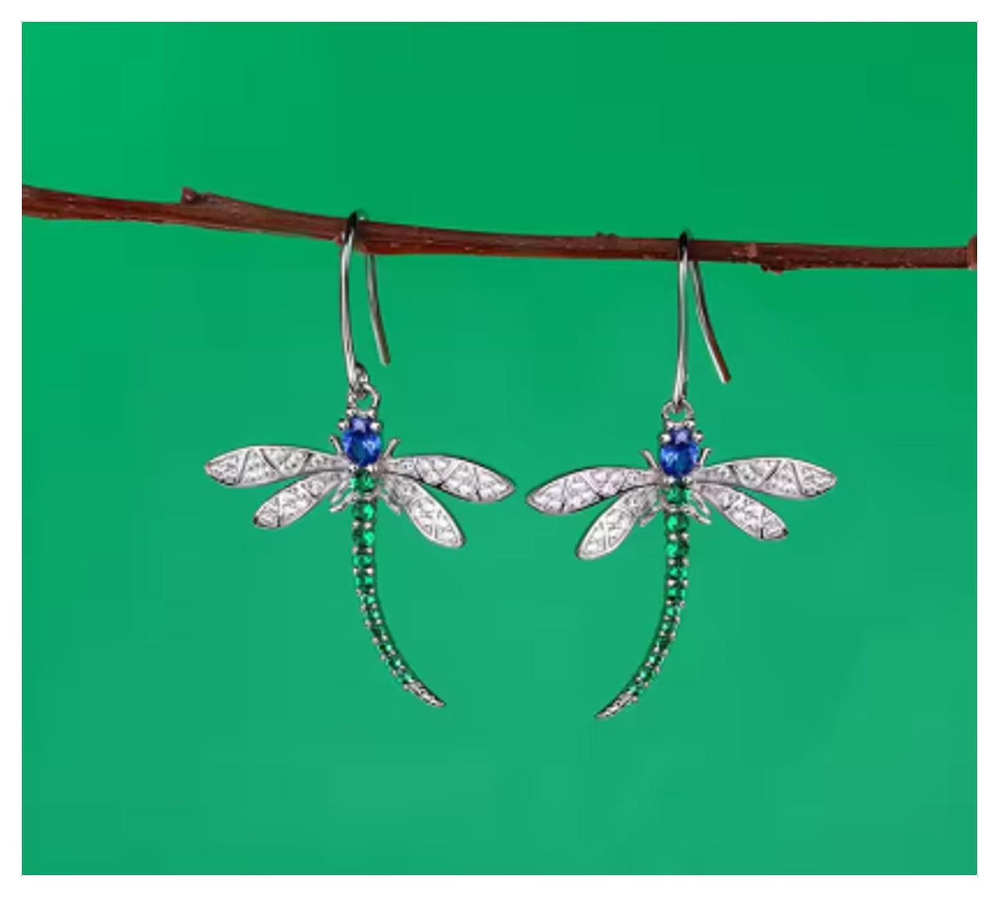 Green and blue dragonfly - Earrings - Silver - CZs - 18"