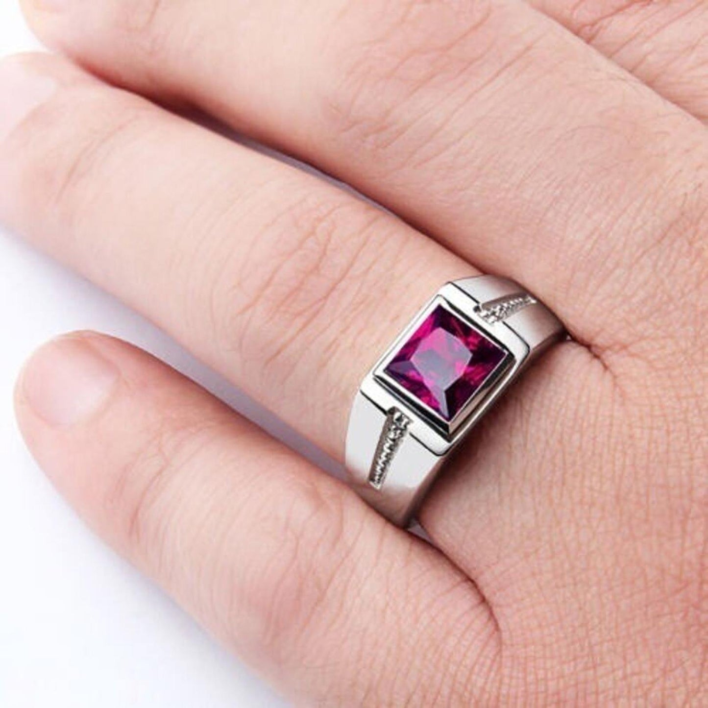 Red square with accents RING - Silver - CZs - size 10