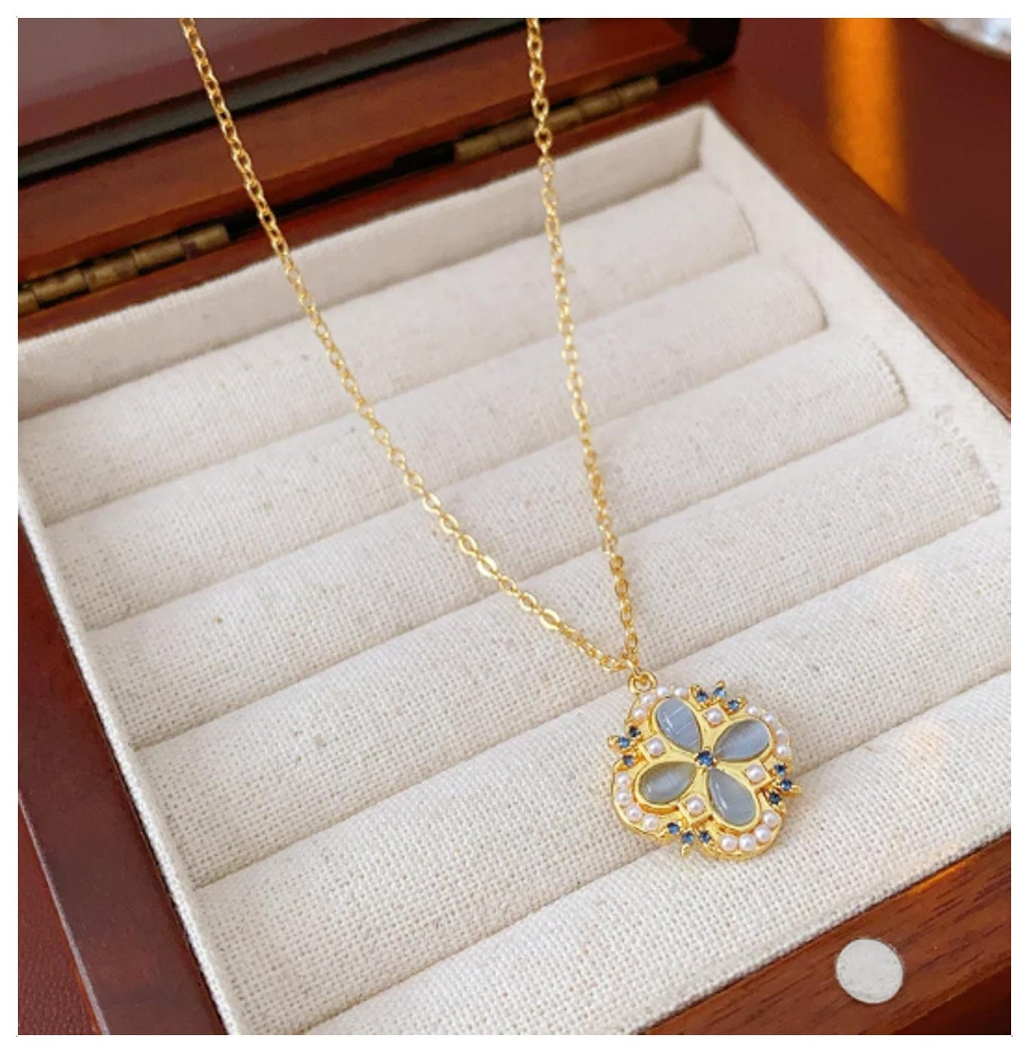 Gray Vintage cat's eye and pearl - Necklace/Earring set - Gold - CZs - 18"