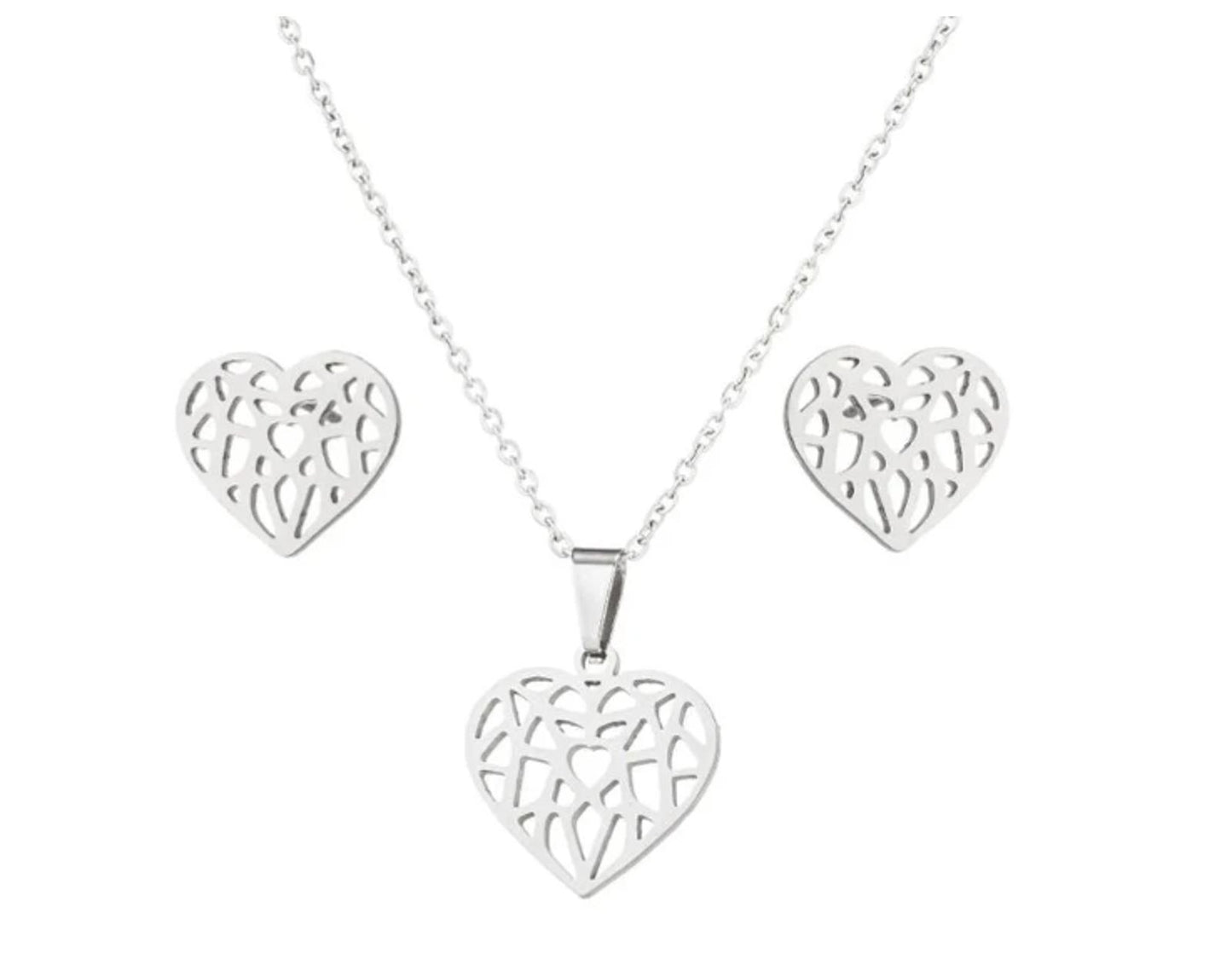 Geometric heart cutout - Necklace/Earring set - Stainless Steel - 18"