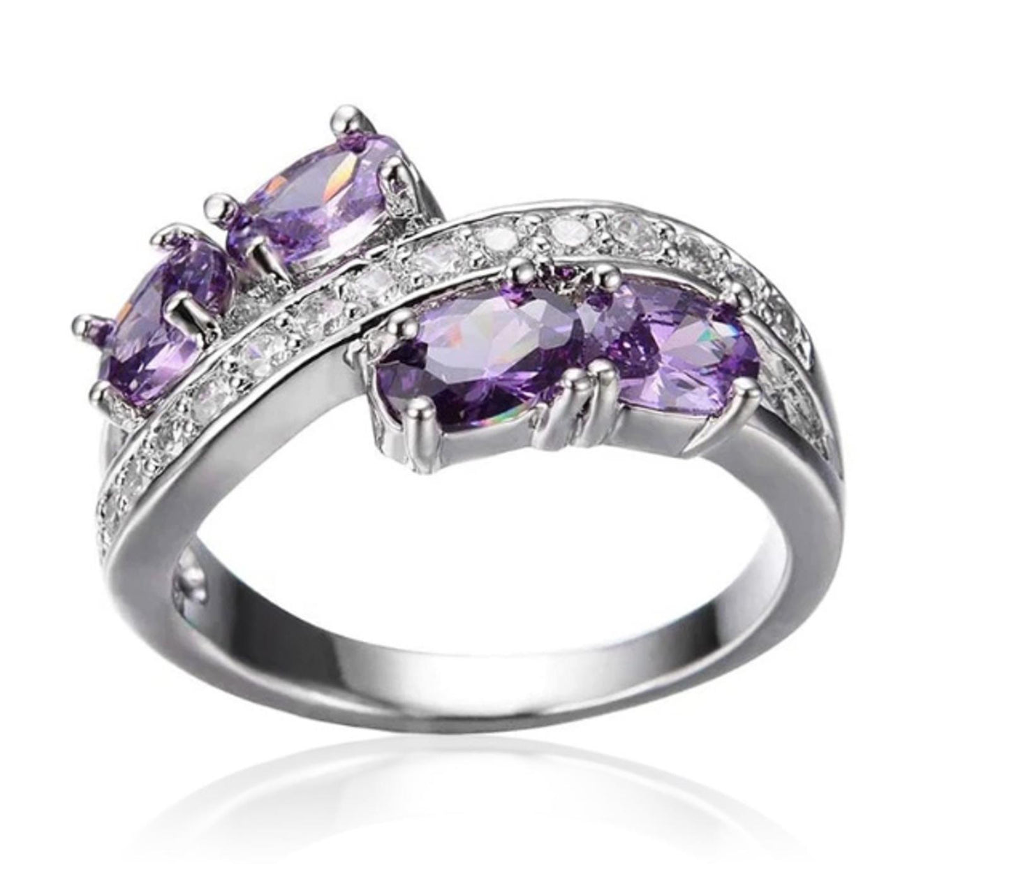 Purple bypass Ring - Silver - CZs - Size 6