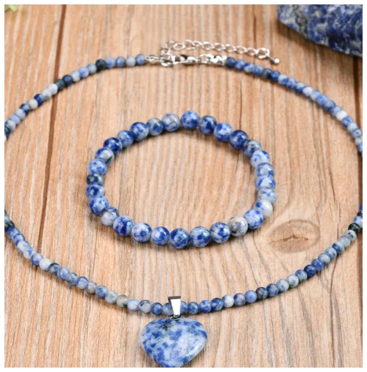 Natural blue dot jasper beaded - Necklace/Earring set - Silver - 17"
