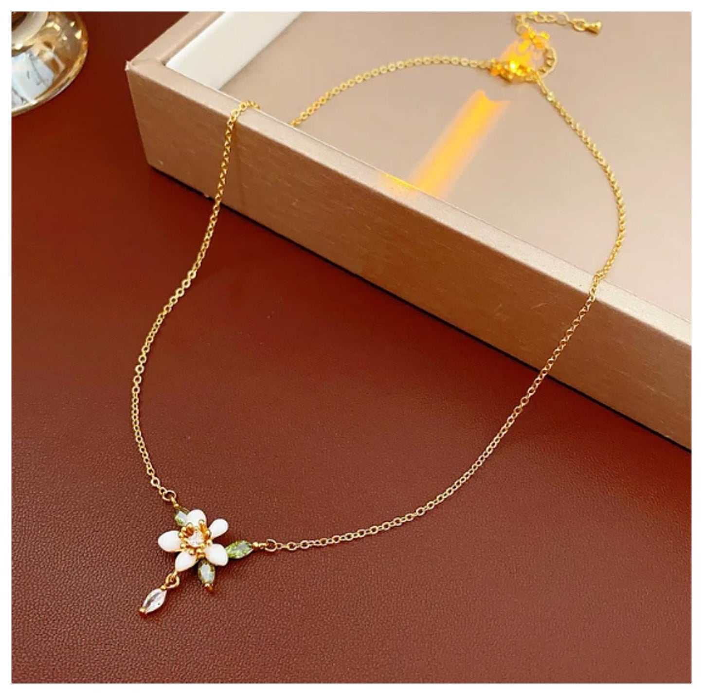 White and green flower - Necklace/Earring/Bracelet set - Gold - CZs - 18"