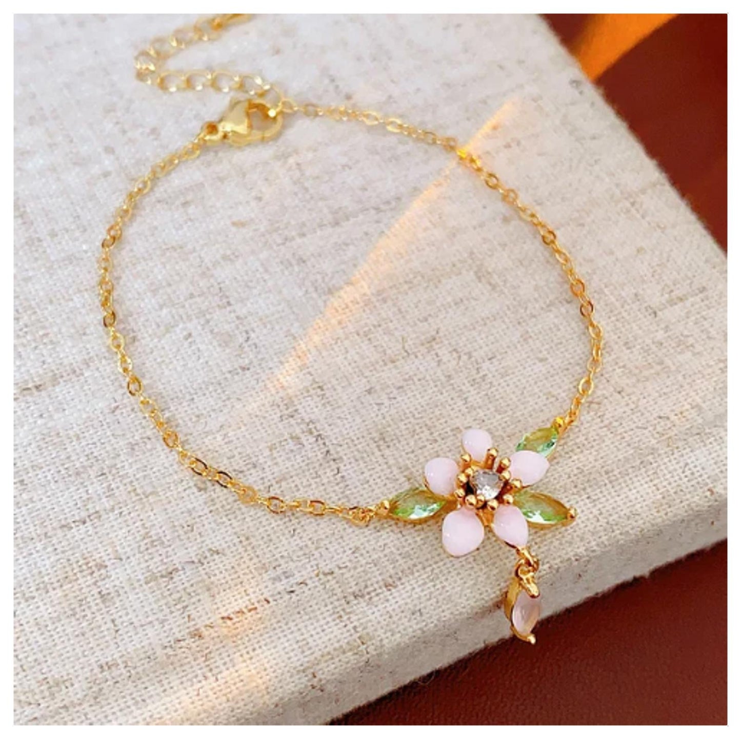 White and green flower - Necklace/Earring/Bracelet set - Gold - CZs - 18"