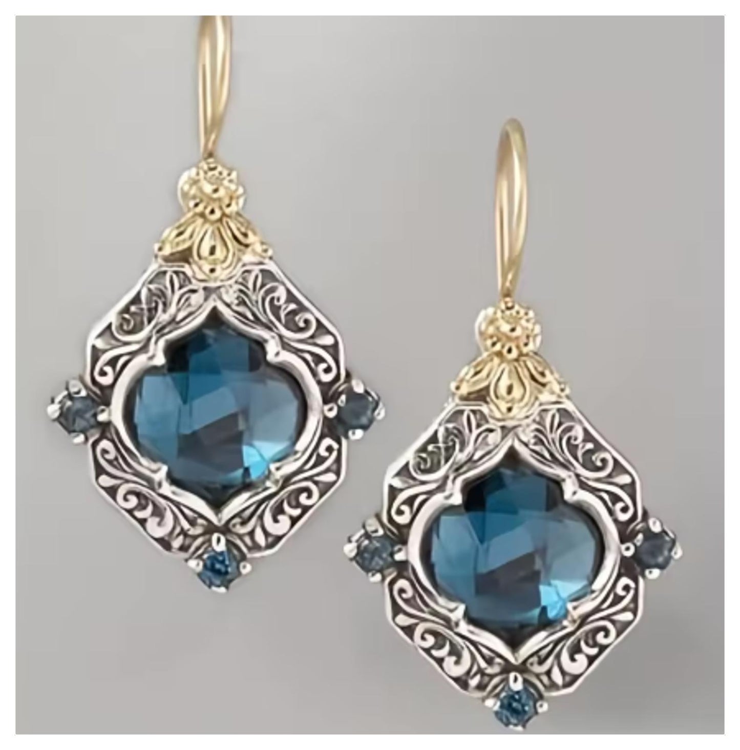 Blue vintage style two tone - Earrings - Silver - CZs - 1.5"