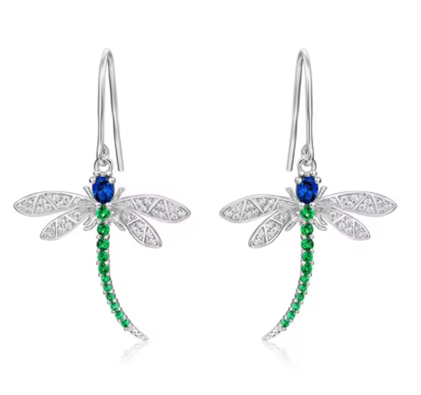 Green and blue dragonfly - Earrings - Silver - CZs - 18"