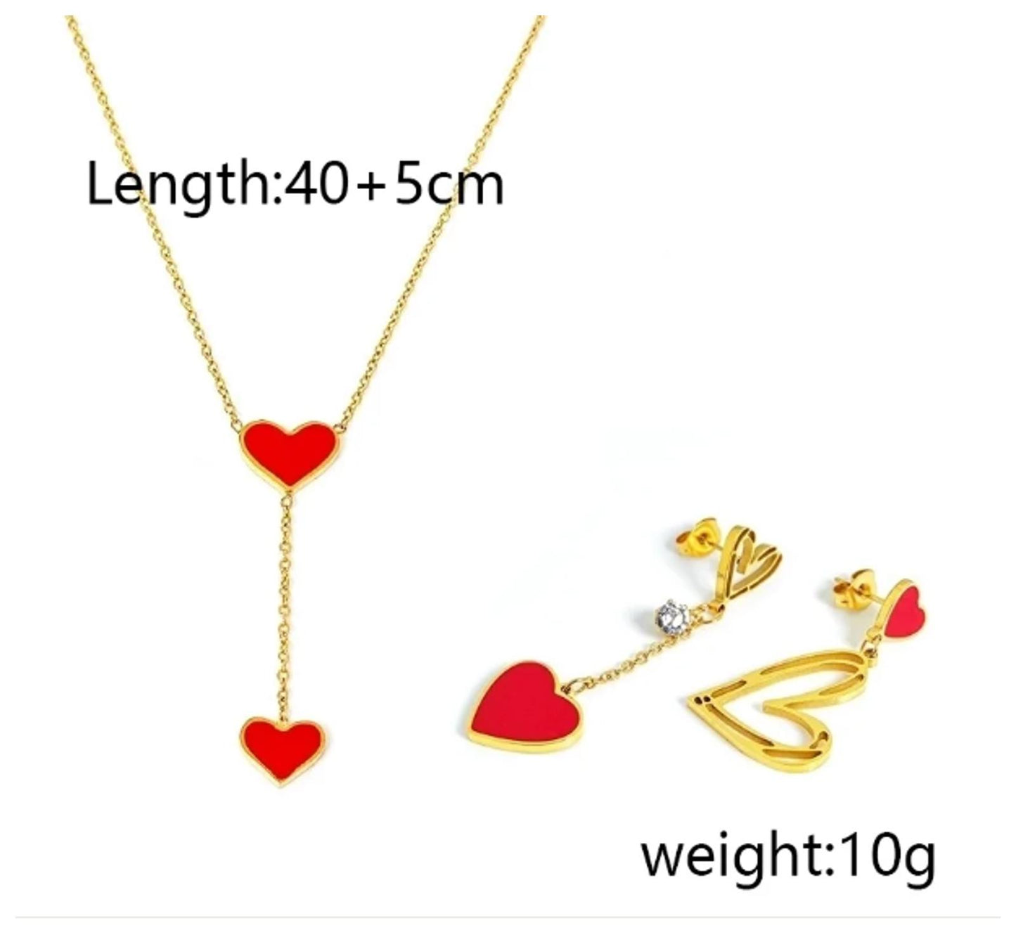 Red hearts Y-shaped - Necklace/Earring set - Gold - CZs - 18"