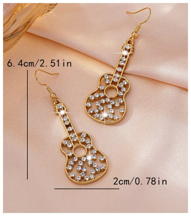 Guitar with accents - Earrings - Gold - CZs - 2.5"