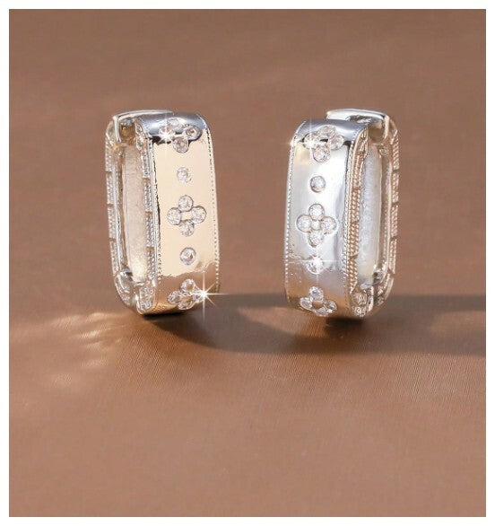 Clover accent hoops - Earrings - Silver - CZs - .7"