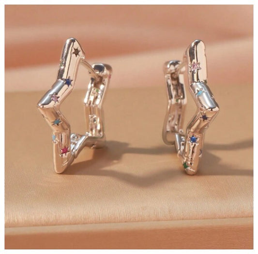 Multicolor accent star - Earrings - Silver - CZs - 1"