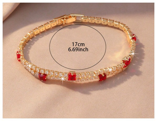 Two row red and white - Bracelet - Gold - CZs - 7"