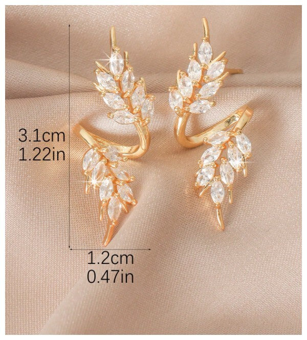 Gold leaf swirl - Earrings - Gold - CZs - 1.5"