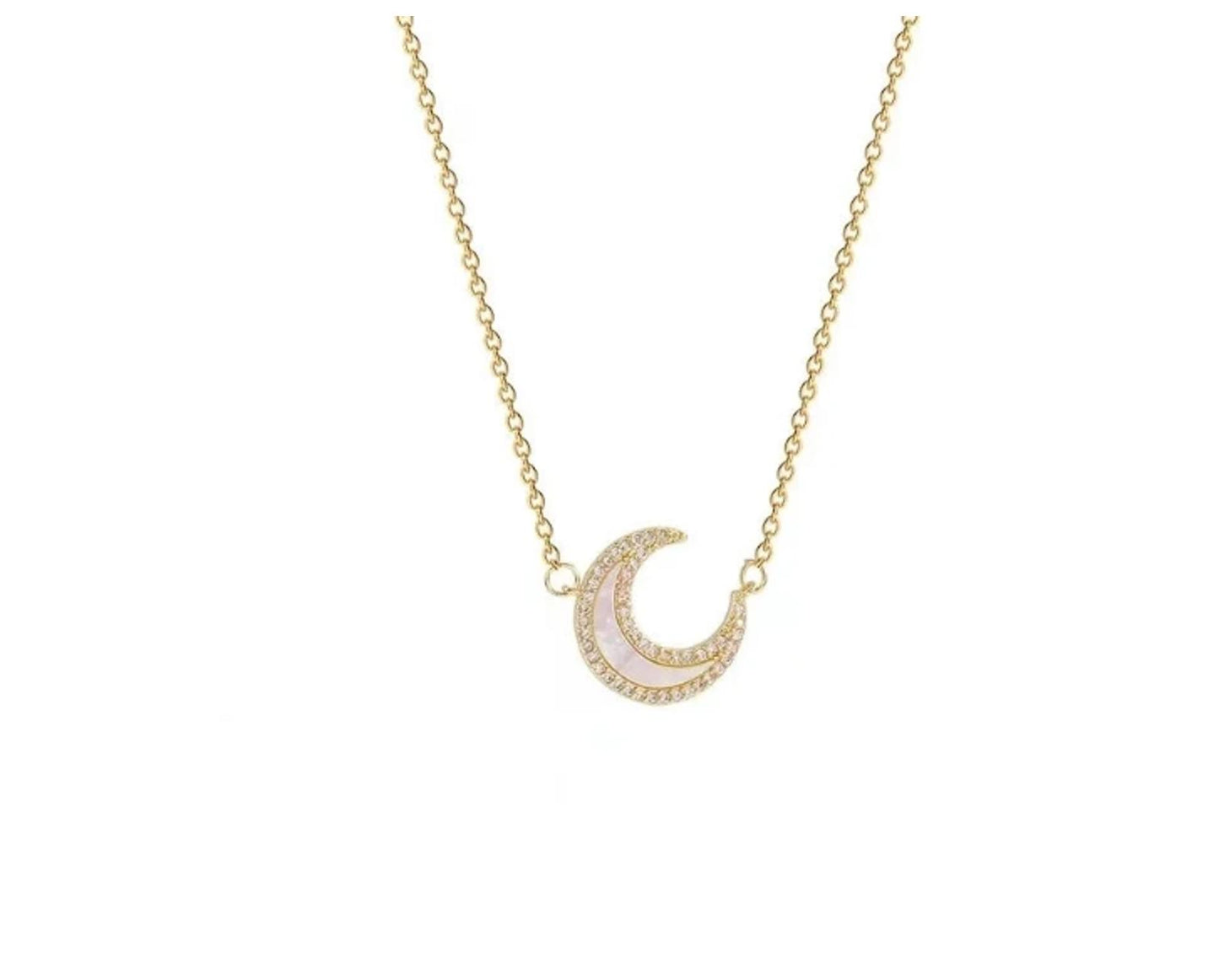 White mother of pearl crescent moon - Necklace - Gold - CZs - 18"