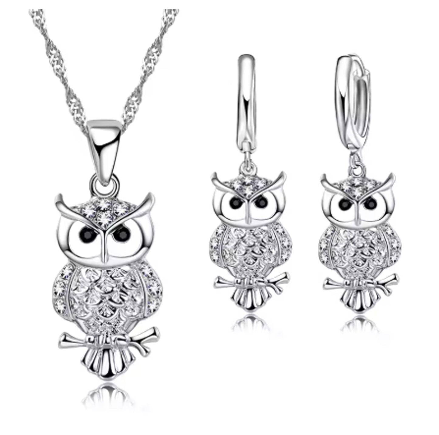 Sparkle Owl - Necklace/Earring set - Silver - CZs - 18"