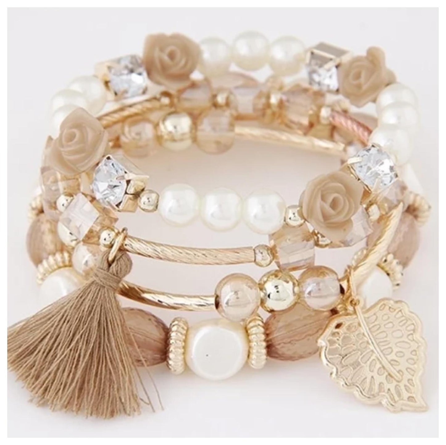 Pearl and taupe/tan beaded stack - Bracelet - Gold - stretch