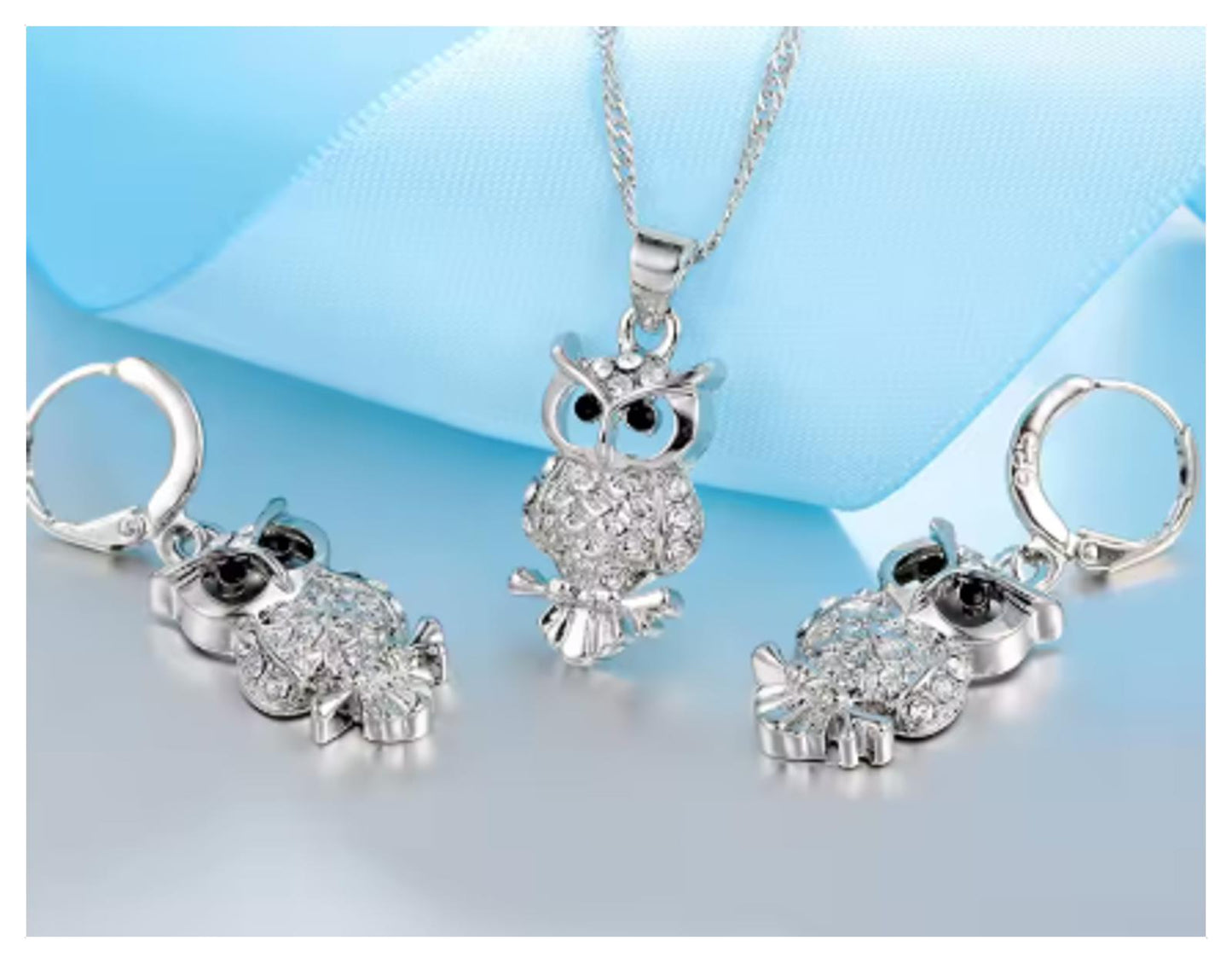 Sparkle Owl - Necklace/Earring set - Silver - CZs - 18"