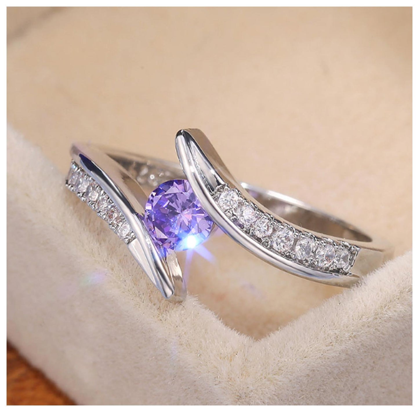 Purple round suspension Ring - Silver - CZs - Size 7
