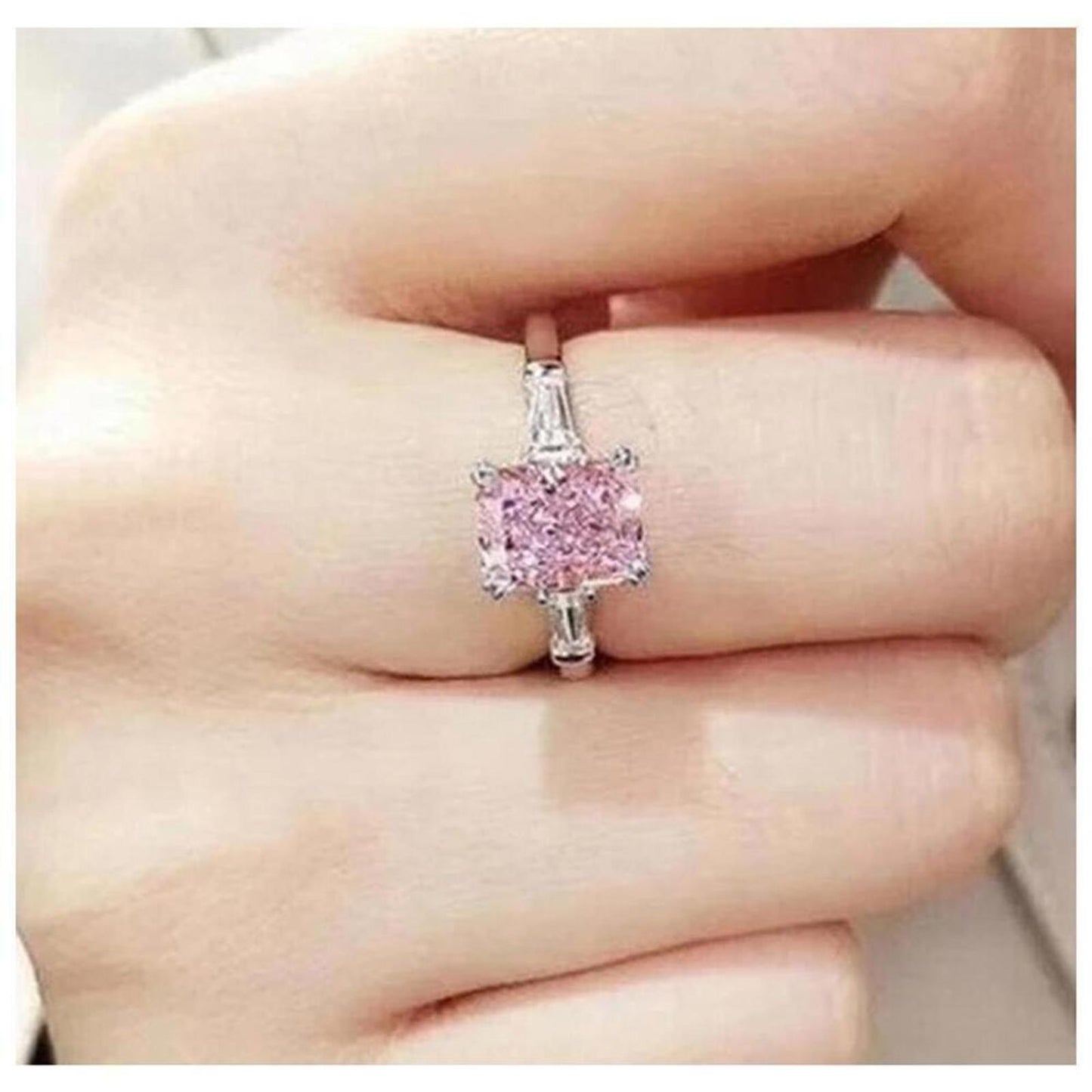 Pink ring - radiant cut - silver - CZs size 9.