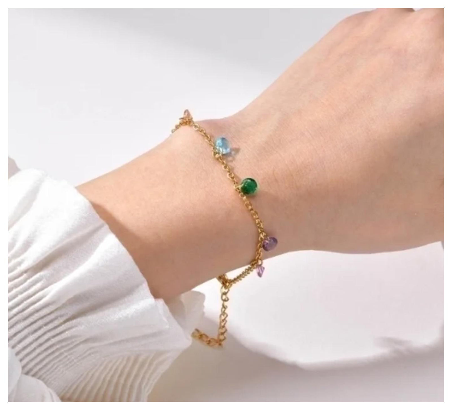 Multicolor stone dangle - Bracelet - Gold - CZs - 6.5-8"
