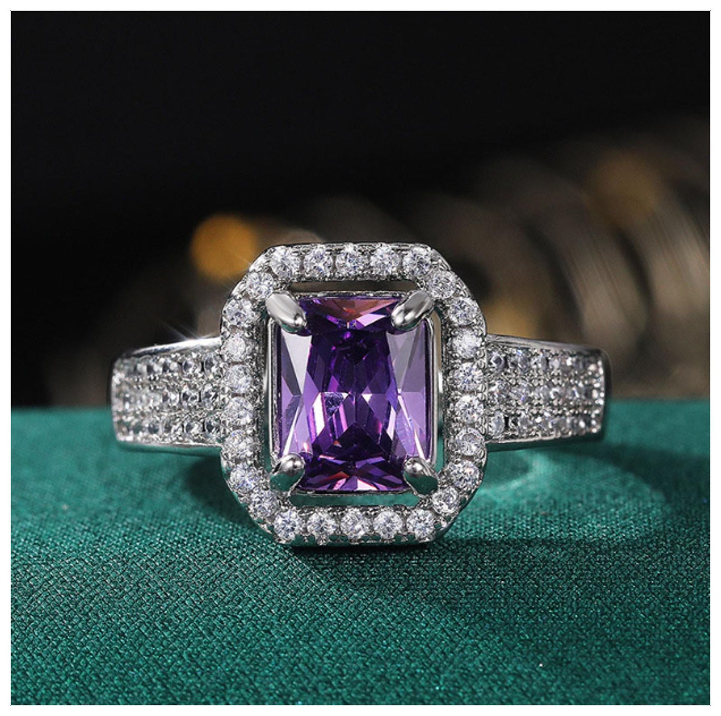 Purple radiant halo Ring - Silver - CZs - Size 7