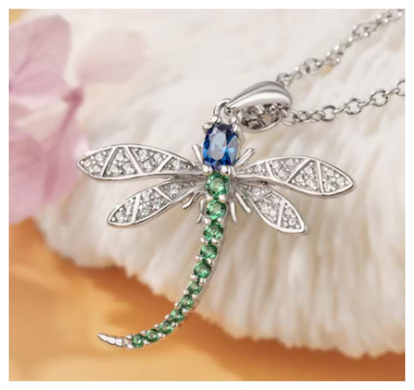 Green and Blue dragonfly pendant - Necklace - Silver - CZs - 18"