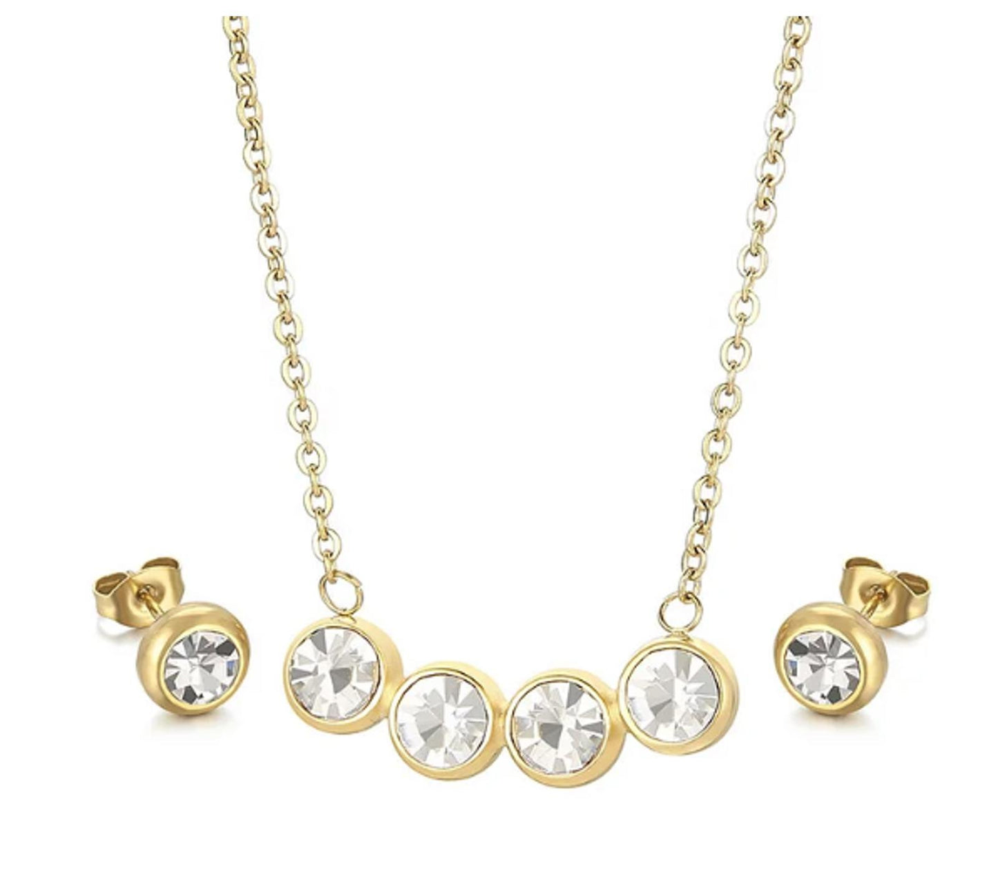 Round bezel set - Necklace/Earring set - Gold - CZs - 18"