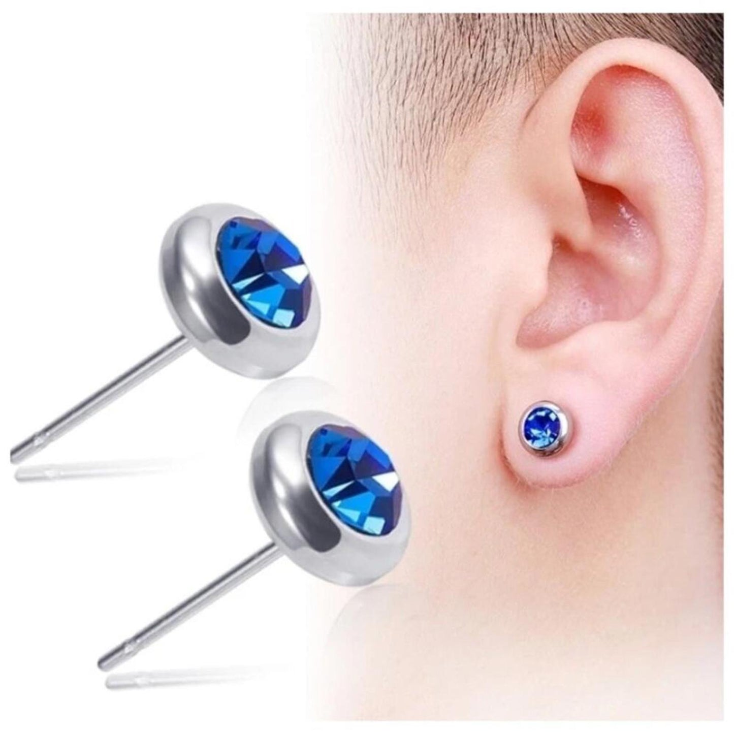 Blue Small round Studs - silver - CZs - 6.5mm