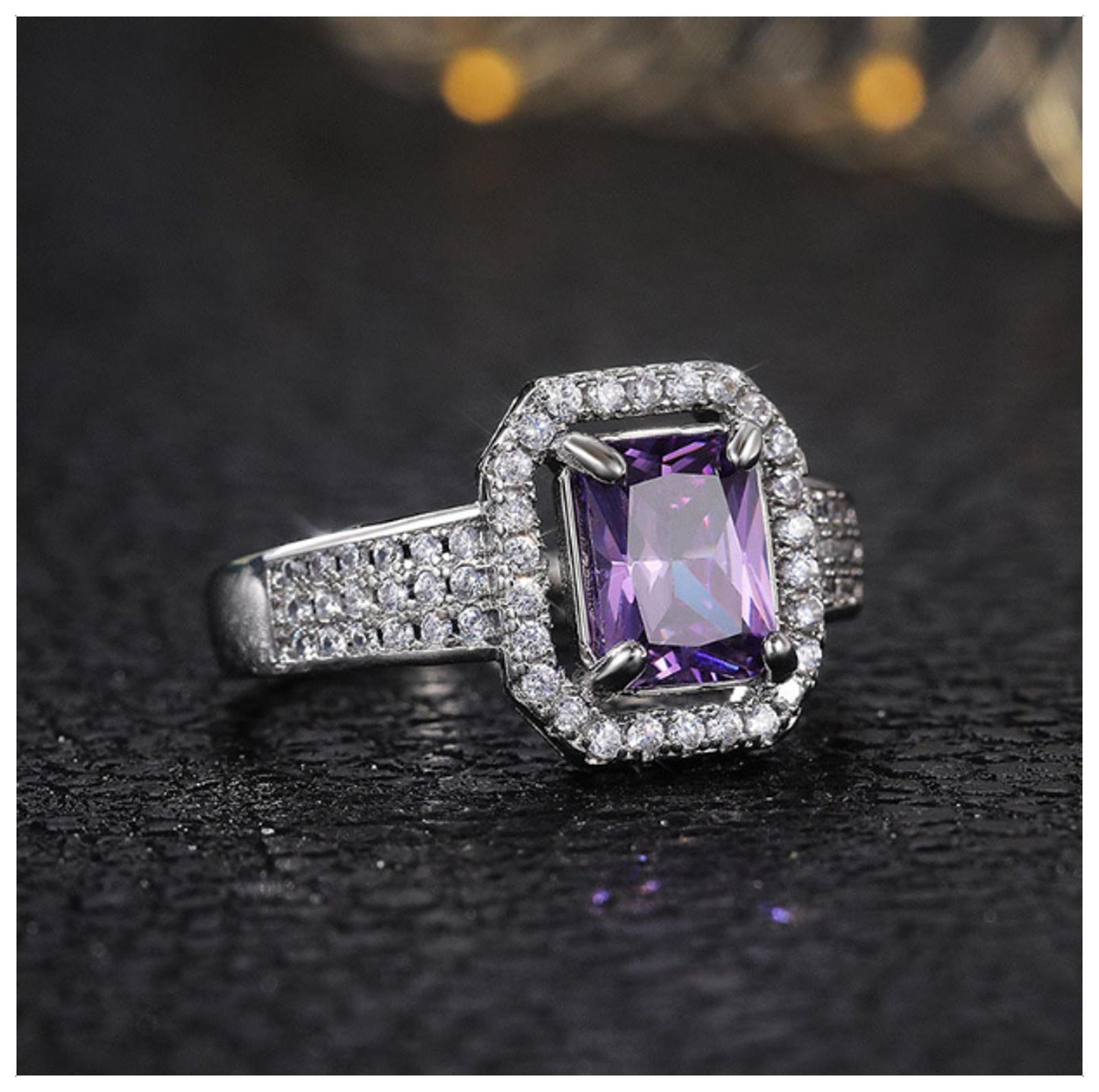 Purple radiant halo Ring - Silver - CZs - Size 6